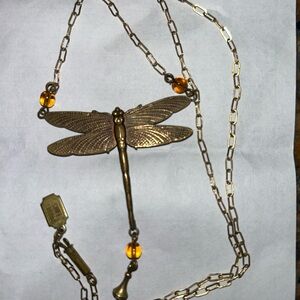 Pididdly Links Dragonfly Pendant Necklace with Amber Accents